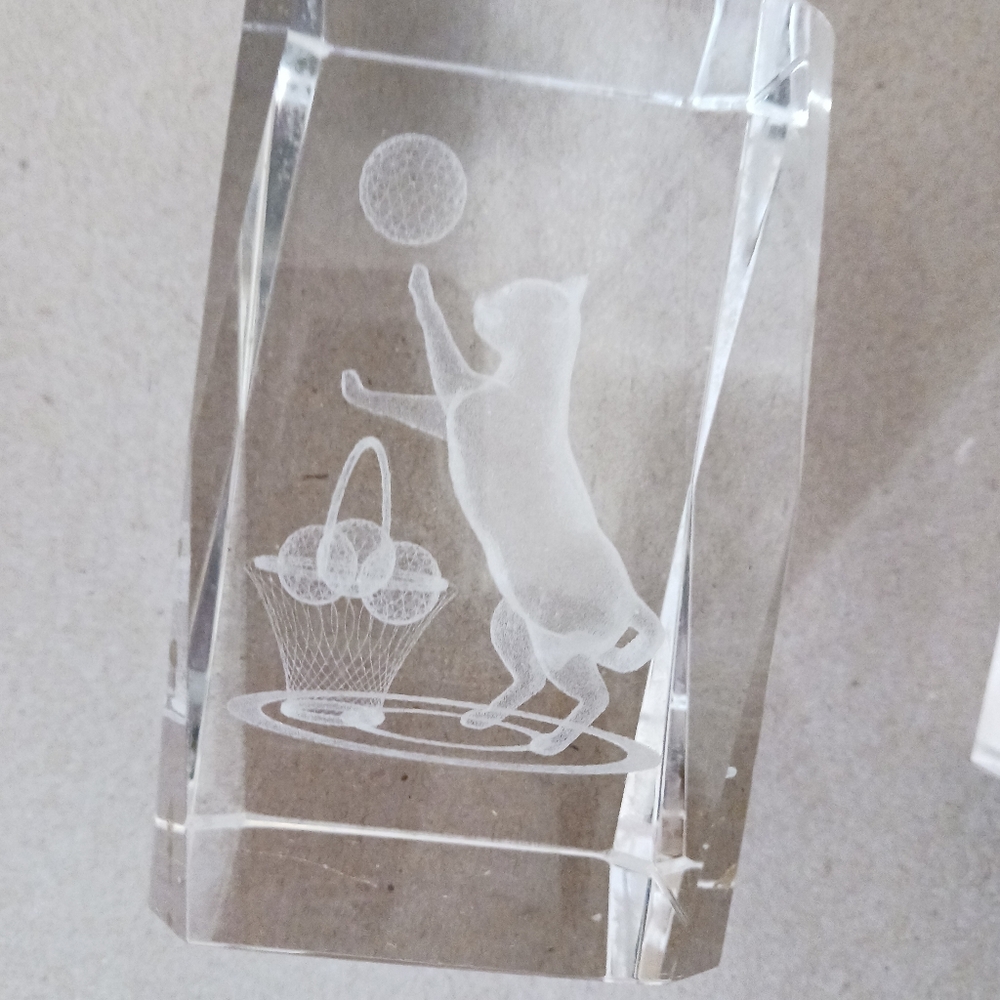 1#Crystal Glass Blocks with Etched Designs Cat&birds Heavy Paperweights - Picture 4 of 8